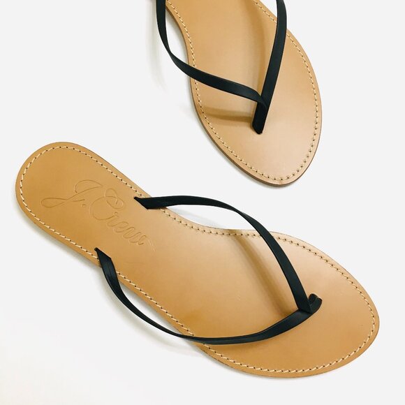 NEW! J. Crew Capri Black Leather Thong Flip Flop Sandals Flat 3/8" Heel - 9.5 - Picture 1 of 5